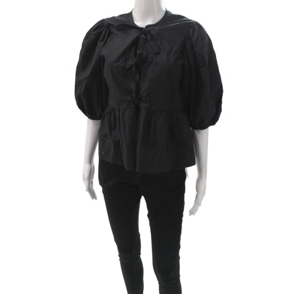 Ganni Womens Tunic Black Cotton Round Neck Short Sleeve Bohemian Size 36
